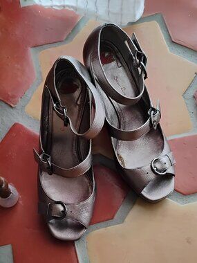 Star Ling Pewter Leather 9.5M Wedge Platform Shoe Ankle MaryJane